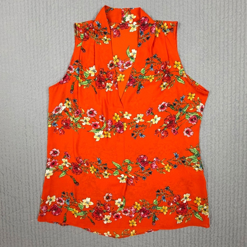 Orange Floral Sleeveless V-Neck Blouse Top Womens Large